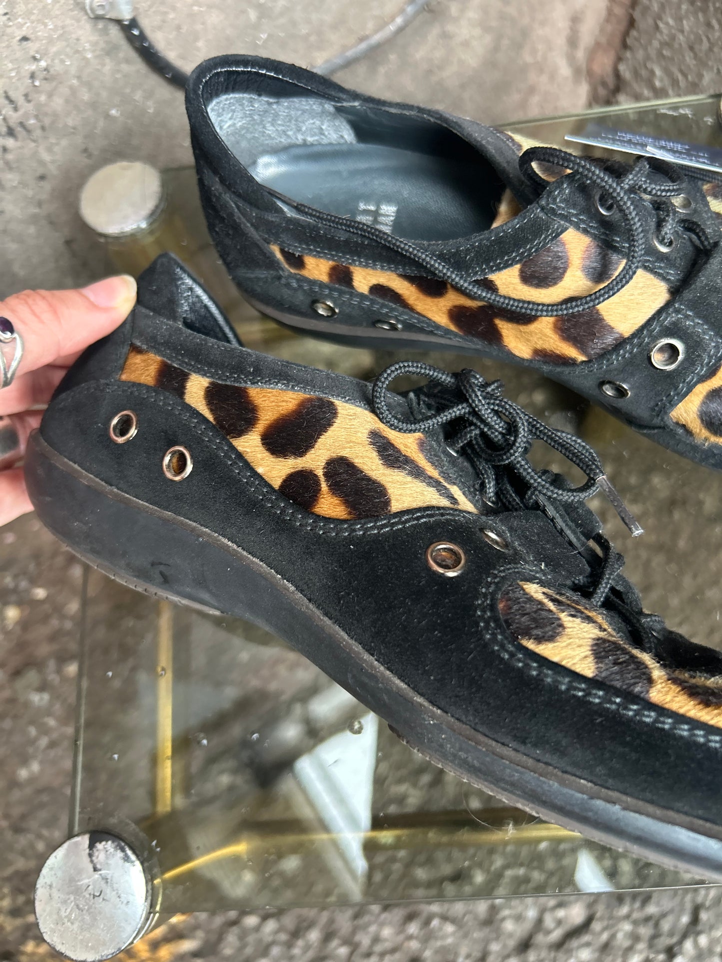 Y2K Vintage Leopard Pony Hair & Suede Sneakers / Size 6.5
