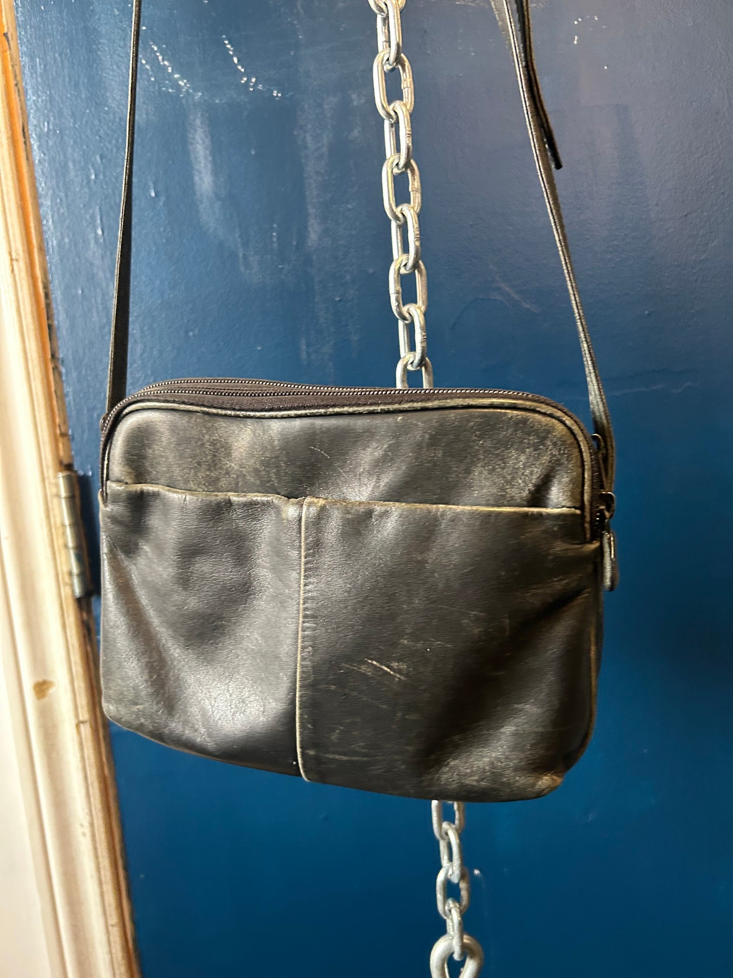 90’s Vintage Square Black Leather Crossbody Bag