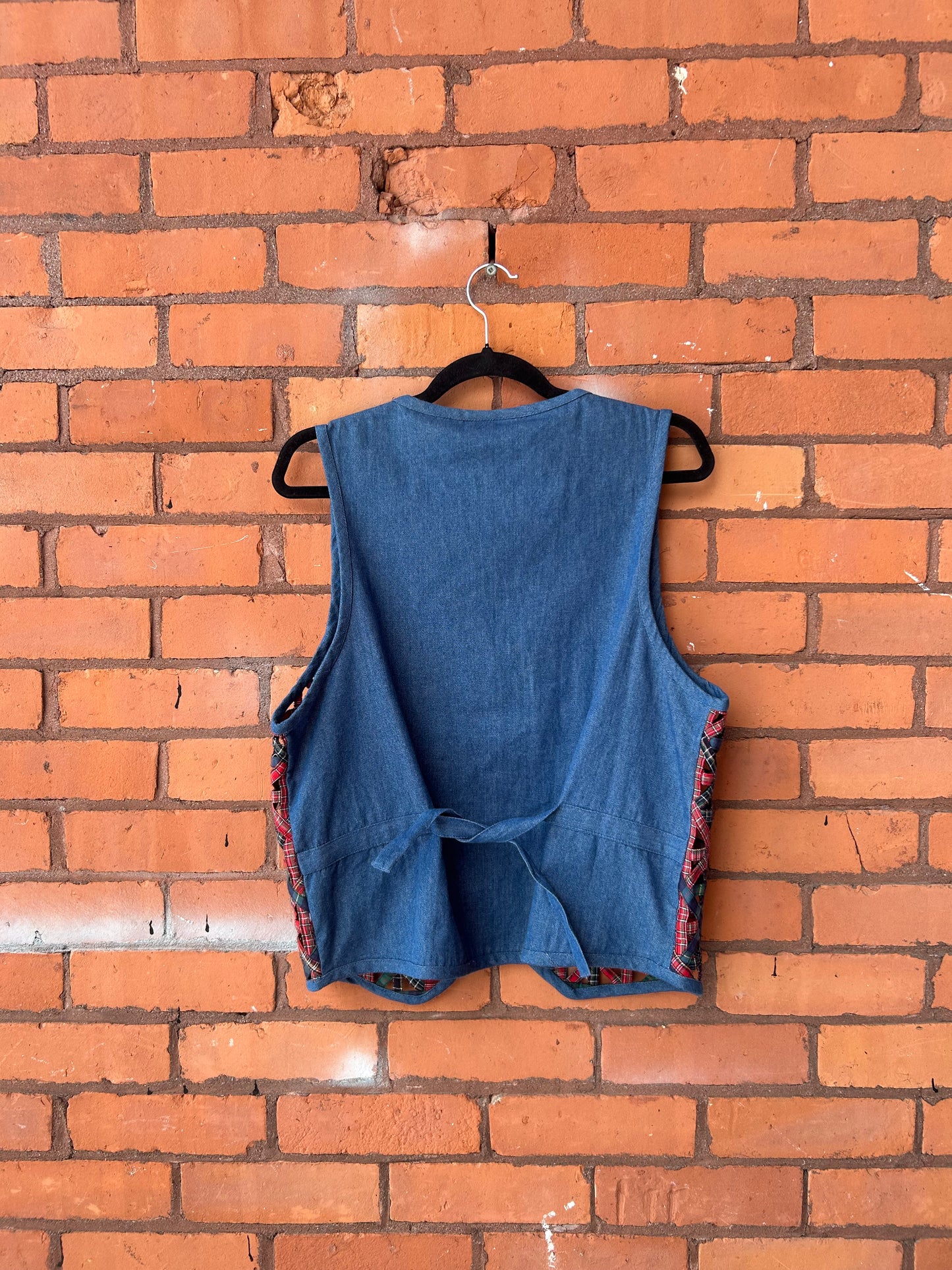90’s Vintage Plaid Lattice & Denim Vest / Size S-M