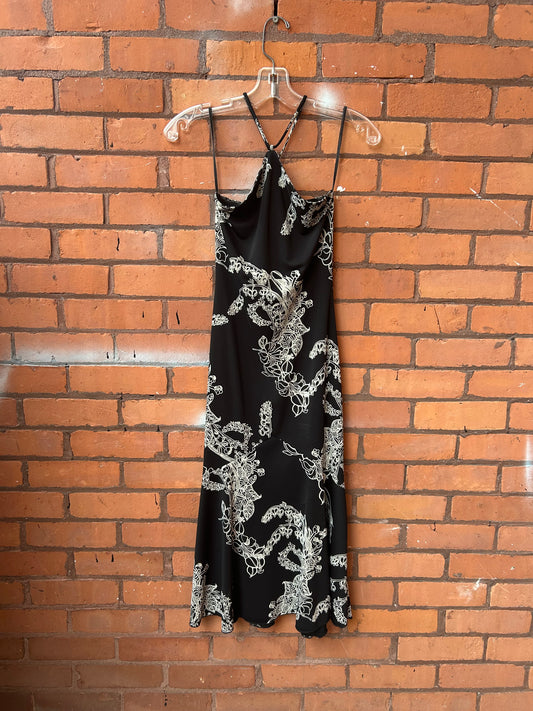 90’s Vintage Black & White Bleeding Hearts Halter Midi Dress / Size S