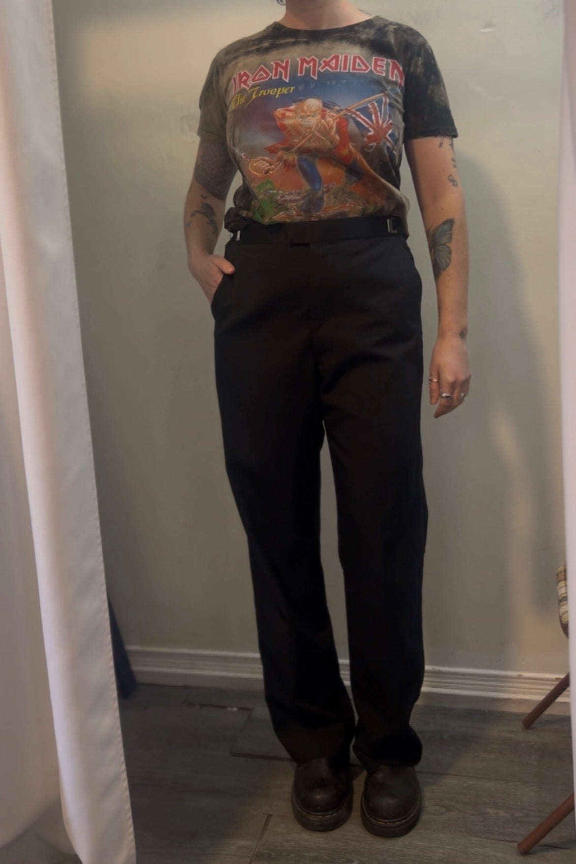 90’s Vintage Black Adjustable Buckle Waist Trousers / 32-36 Waist