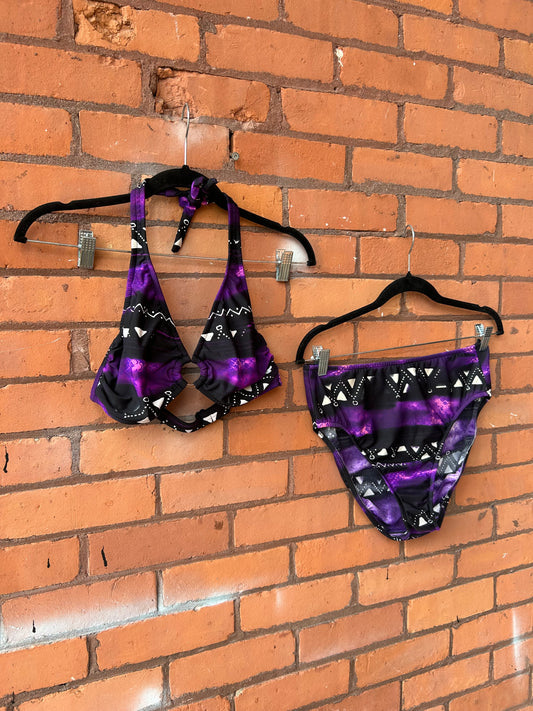 90’s Vintage Purple & Black Abstract Halter Bikini Set / Size M