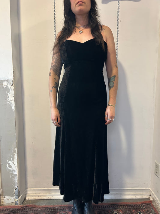 90’s Vintage Black Velvet Strappy Midi Dress / Size 10-12