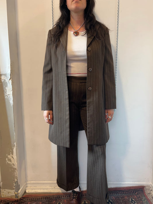 90’s Vintage Brown Pinstripe Wool Jacket & Trouser Set / Size 8-10