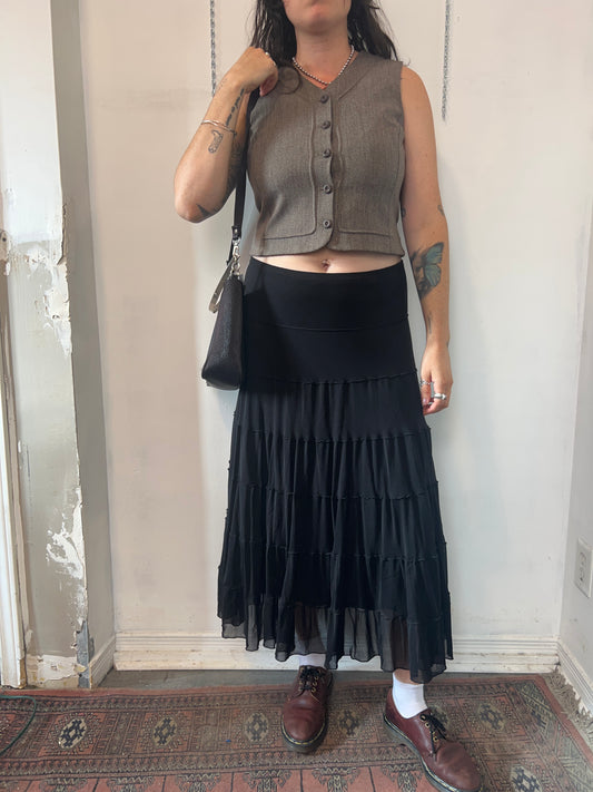 Y2K Vintage Black Mesh Tiered Skirt / 32-38 Waist