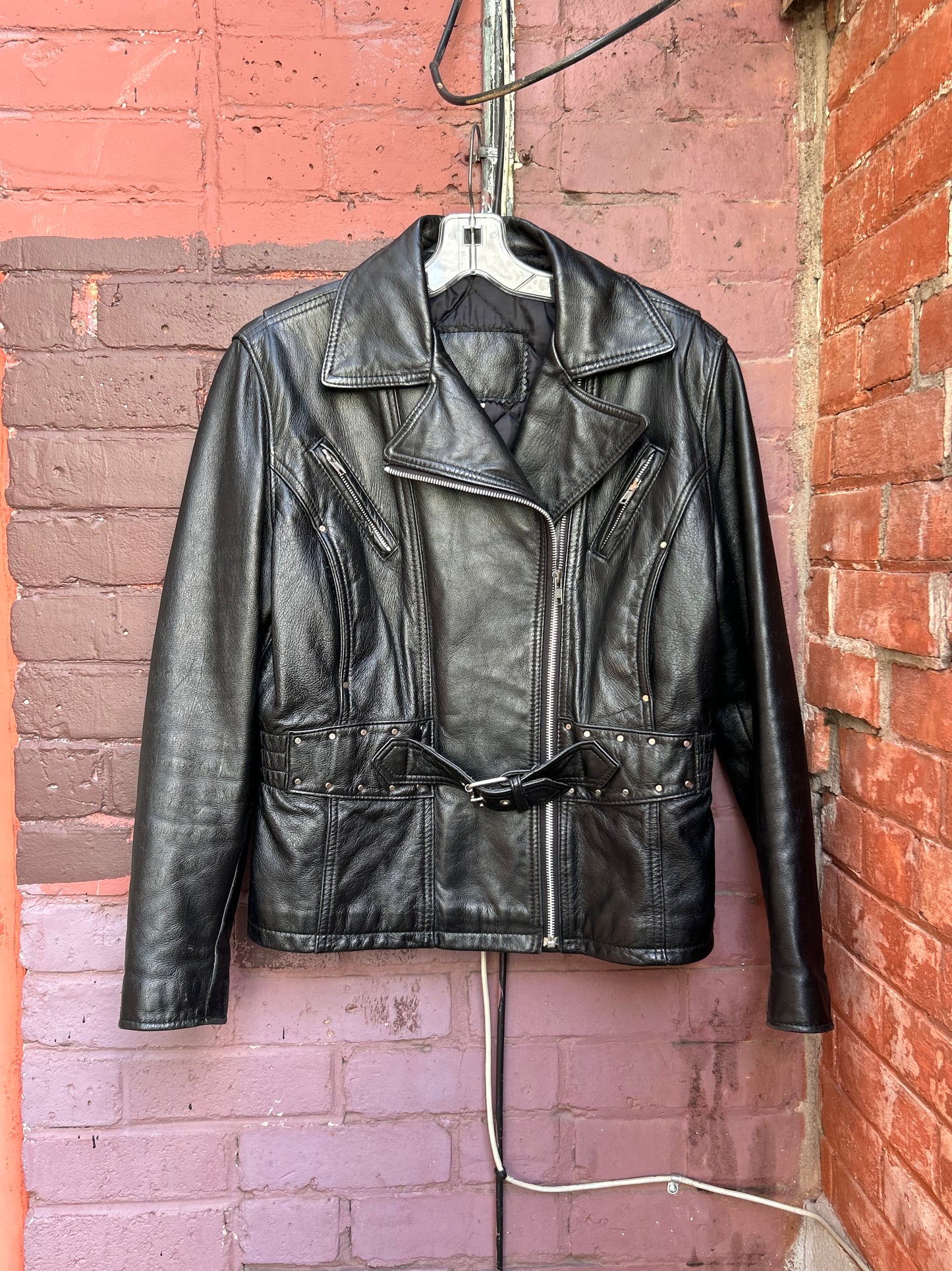 90’s Vintage Black Leather Stud Moto Jacket / Size M