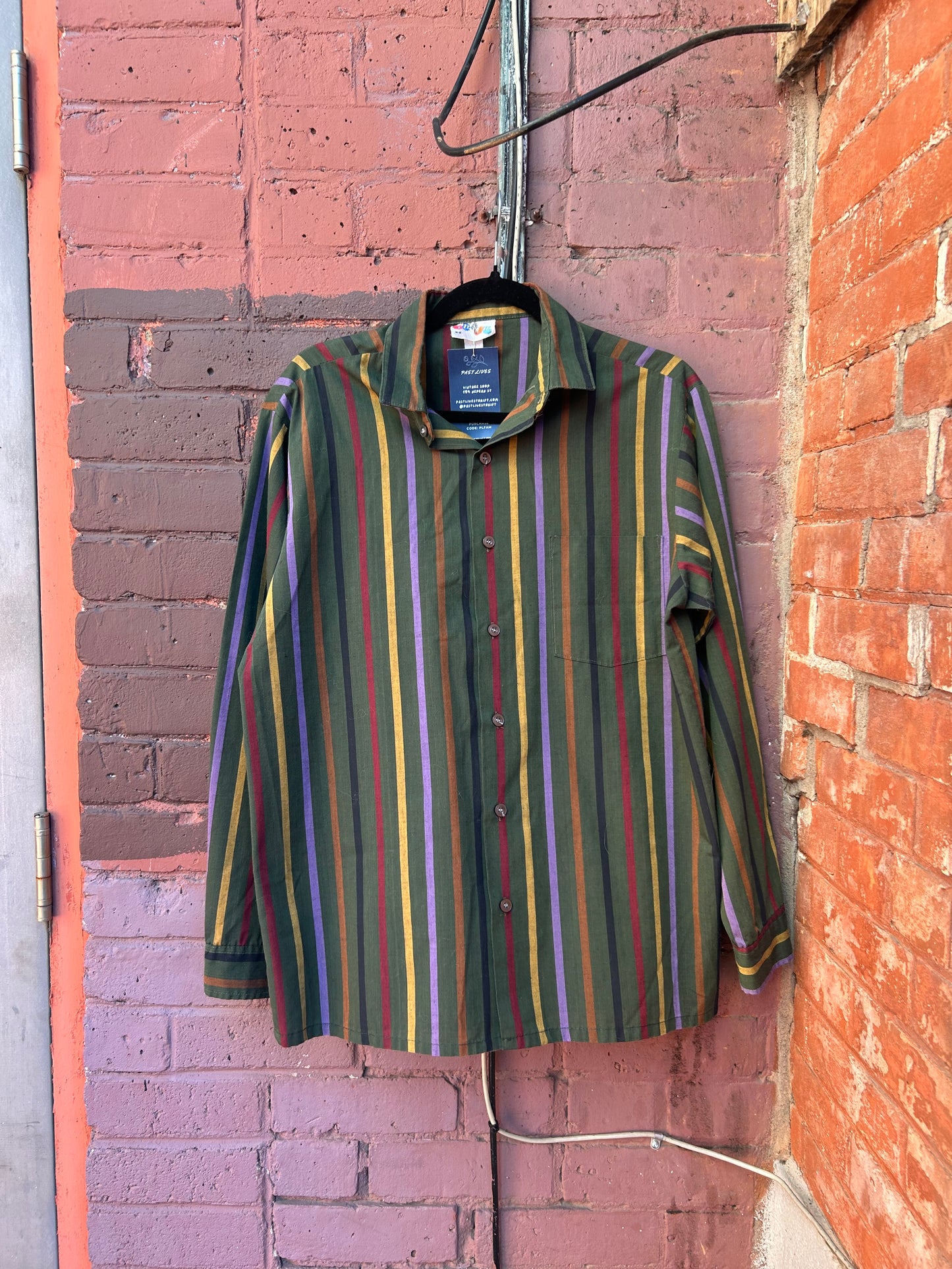 90's Vintage Green & Rainbow Striped Button Down Shirt / Size M