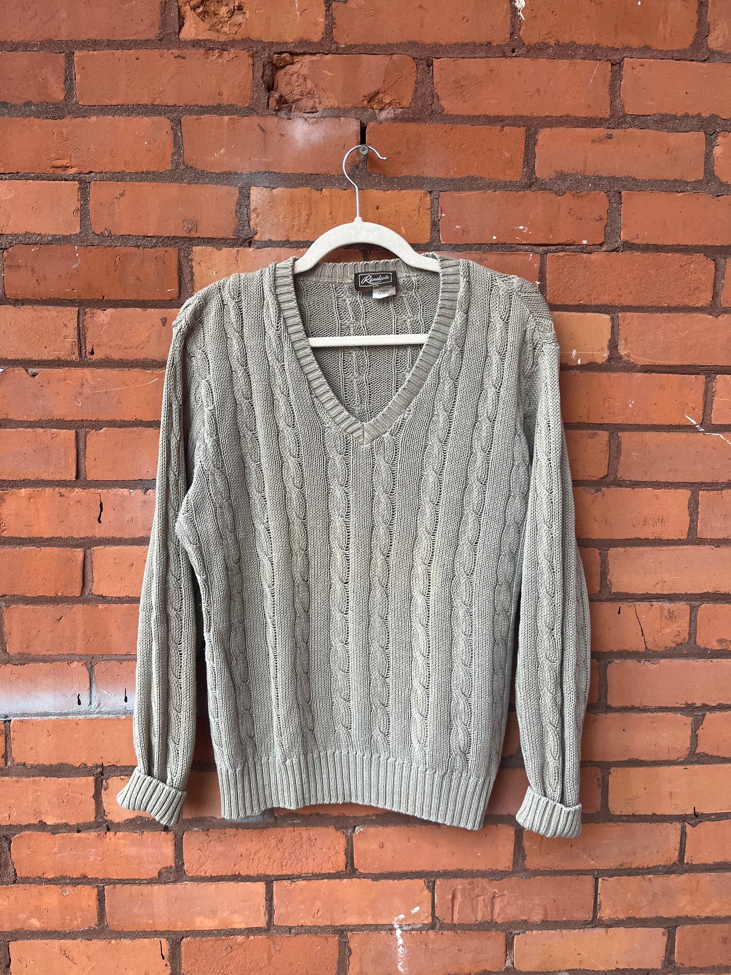 90’s Vintage Sage Green Cotton Cable Knit Vneck Sweater / Size M