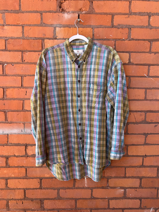 90’s Vintage Pastel Plaid Cotton Button Down Shirt / Size XL