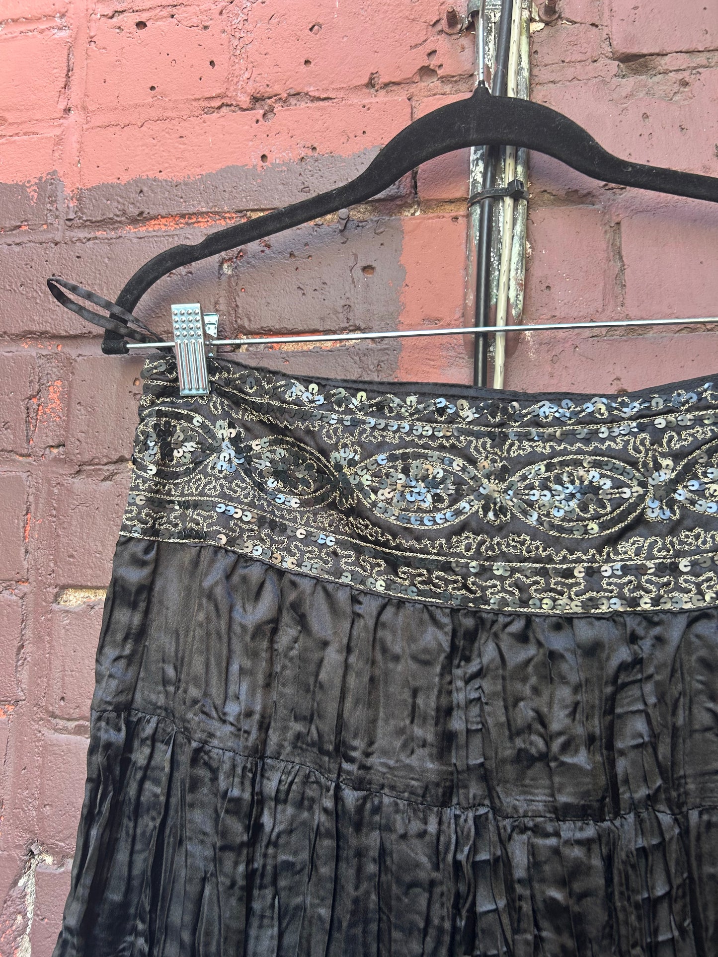 90's Vintage Black Satin & Gold Sequin Midi Skirt / 30 Waist