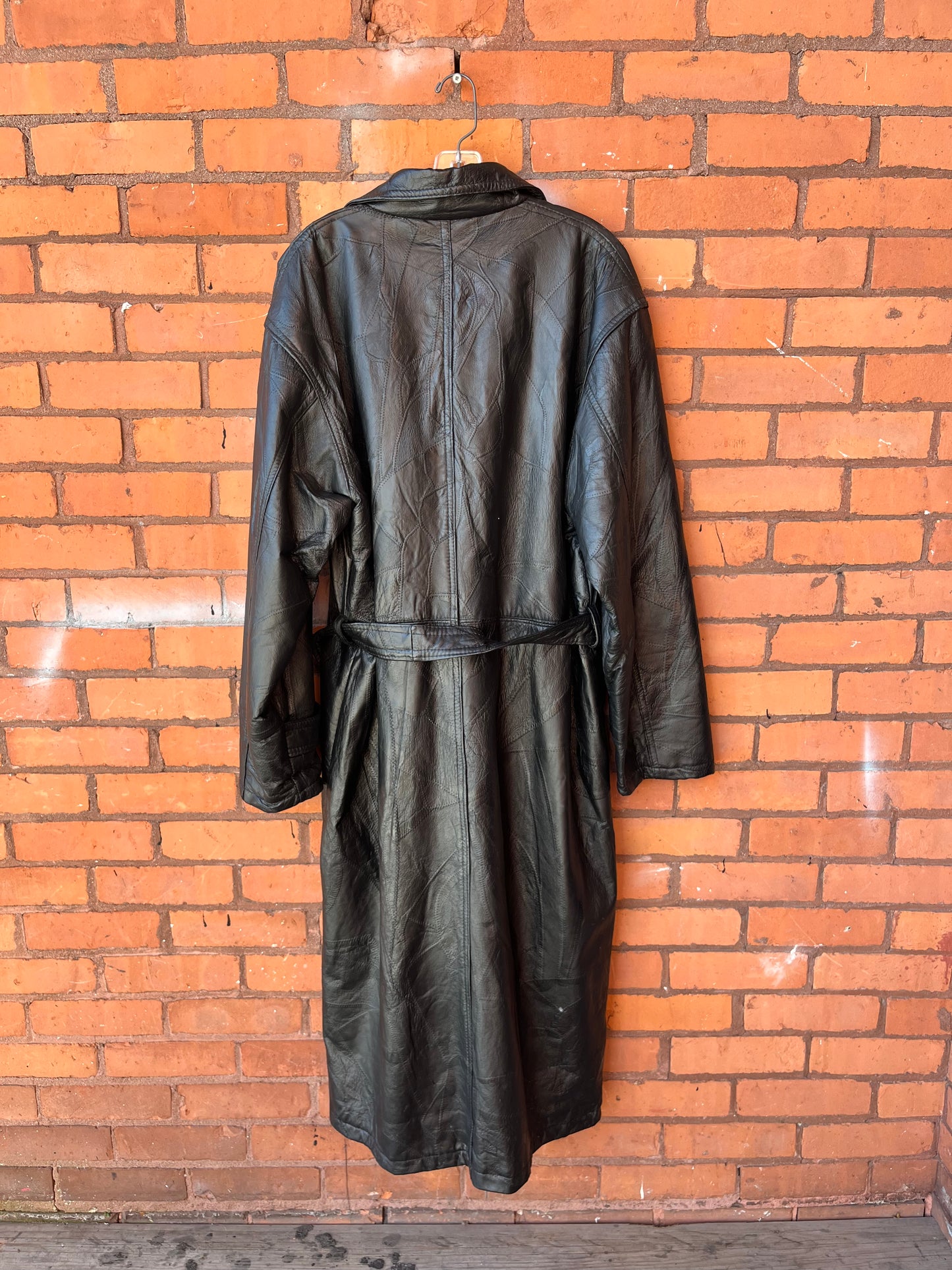 90’s Vintage Black Leather Patchwork Double Breasted Trench Coat / Size XL