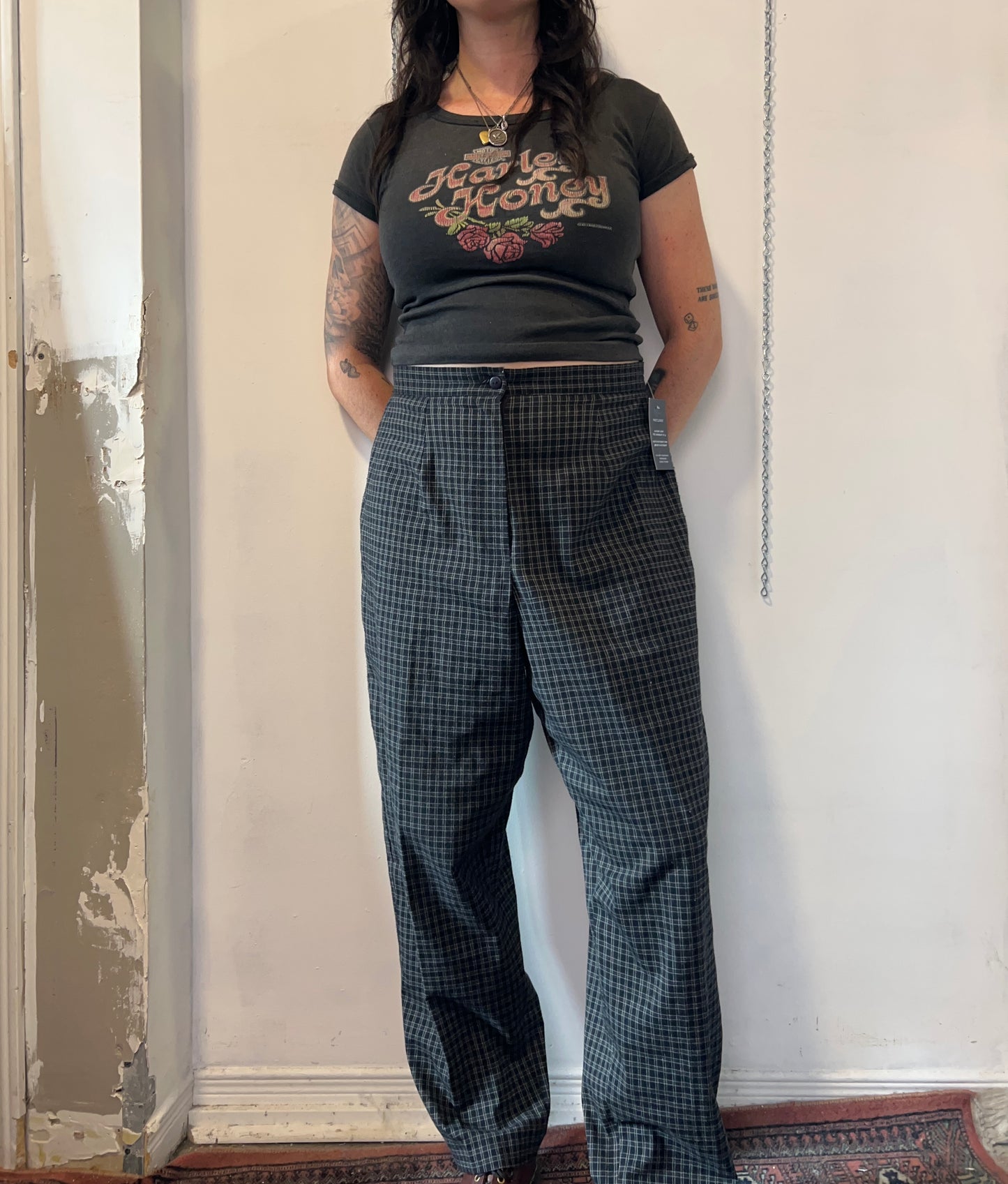 90’s Vintage Black & Grey Plaid Trousers / 34 Waist