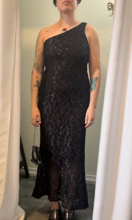90’s Vintage Black Metallic Lace One Shoulder Dress / Size 10-12