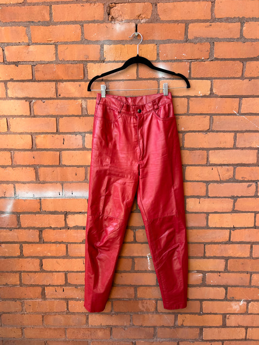 80’s Vintage Red Leather Pants / 24 Waist