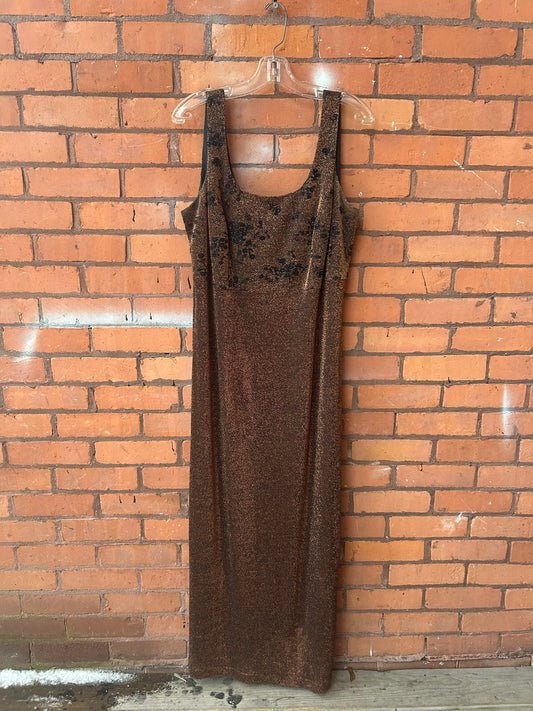 90’s Vintage Copper Sparkly Maxi Dress / Size 16-18