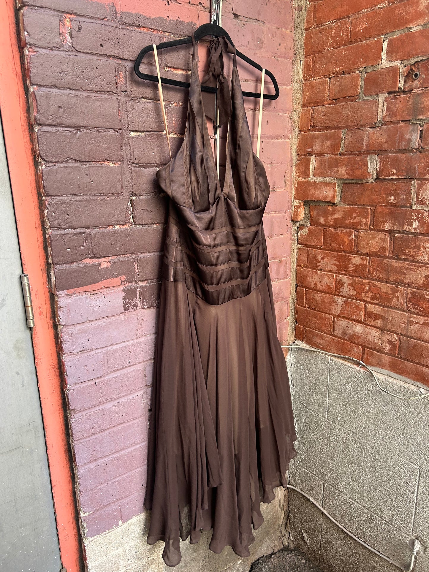 Y2K Vintage Brown Silk Halter Fairy Hem Dress / Size 14