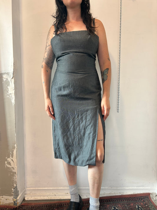 90’s Vintage Grey Square Neck Linen Blend Midi Dress / Size 6-8