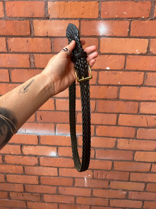 90’s Vintage Black Leather Braided Brass Belt / 30-38 Waist