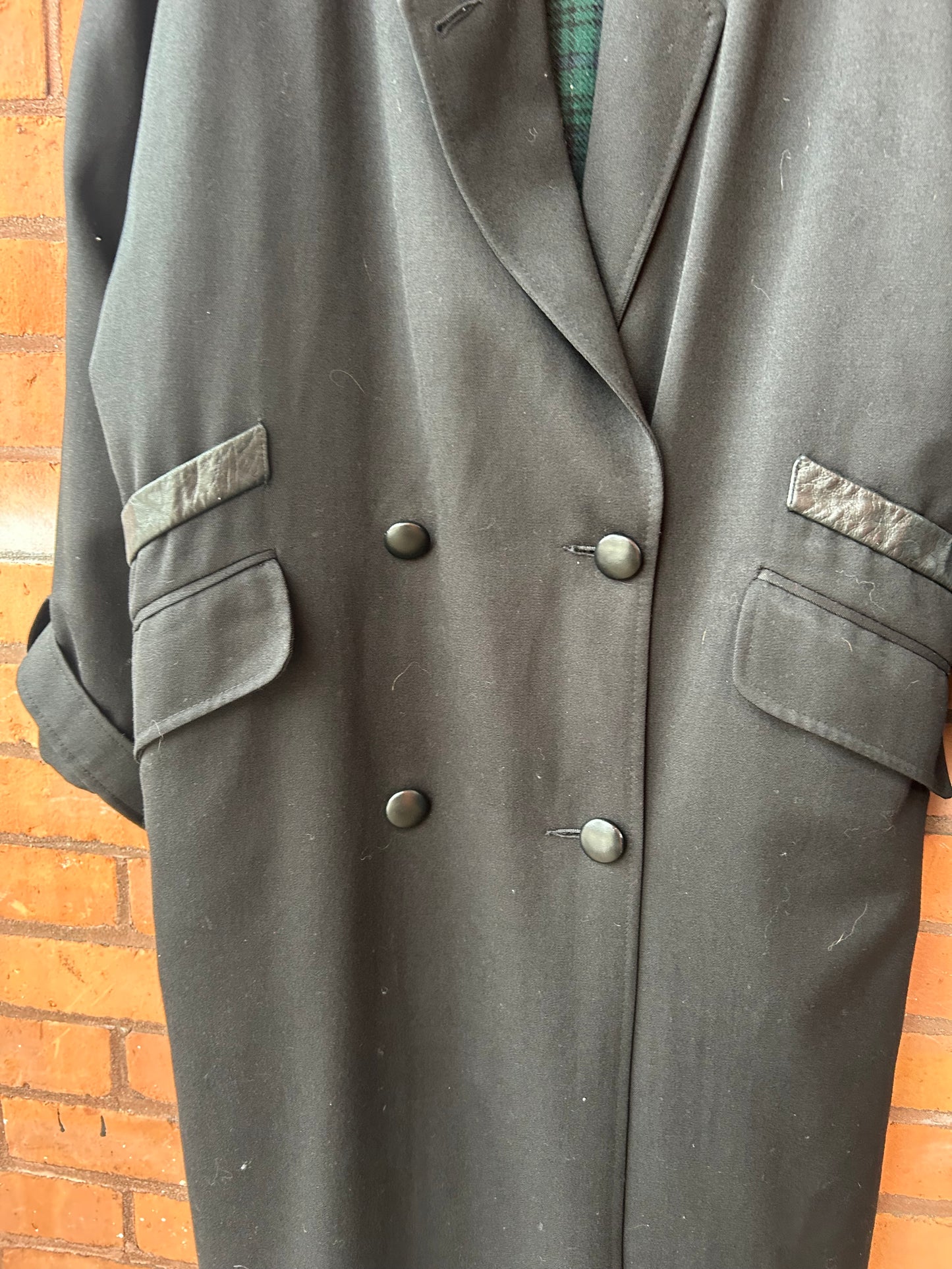 90’s Vintage Black Wool & Leather Over Coat / Size M