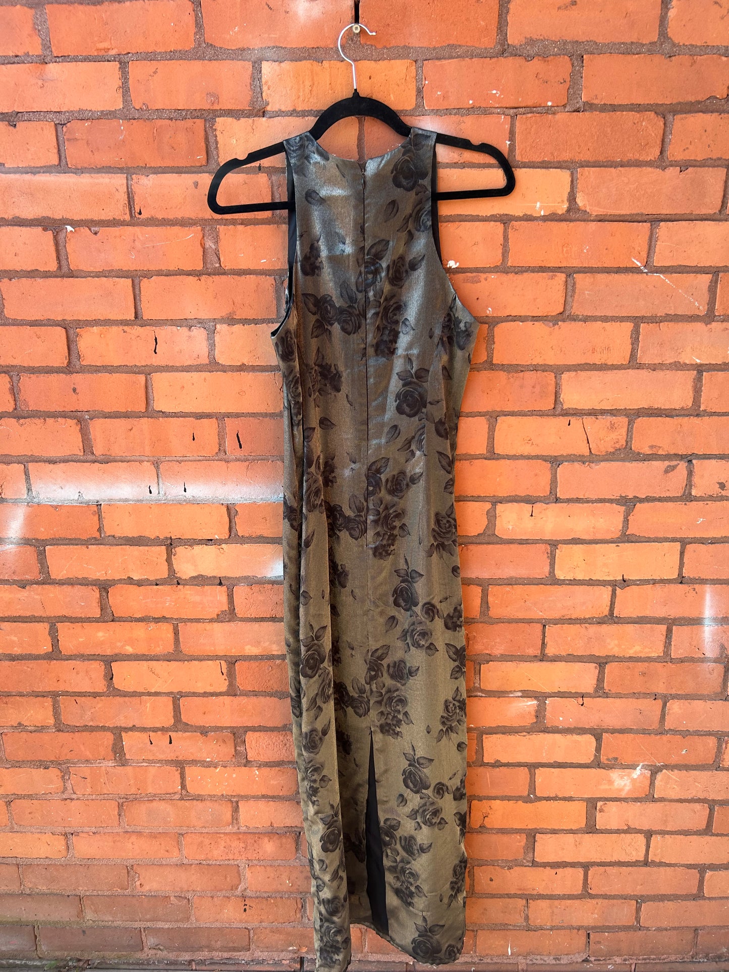 90’s Vintage Silver Rose High Neck Maxi Dress / Size 6-8