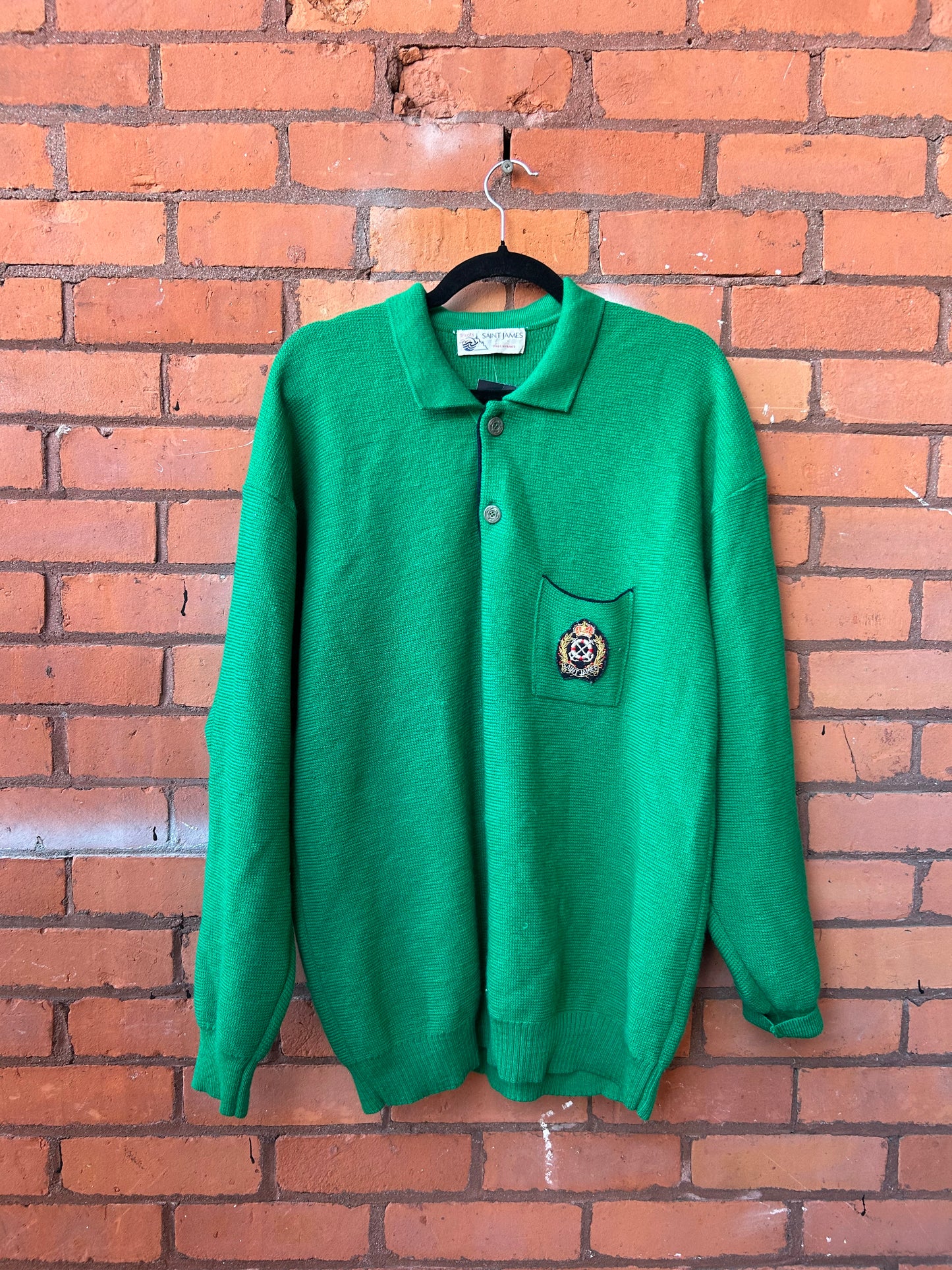 80’s Vintage Kelly Green Wool Henley Sweater / Size XL