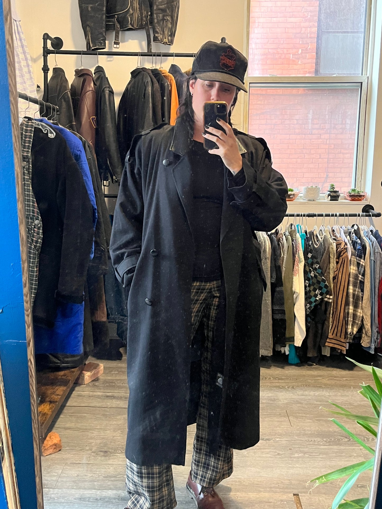 90's Black Leather Accent Trench Coat / Size L