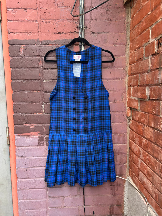 90's Vintage Blue & Black Plaid Drop Waist Mini Dress / Size 4