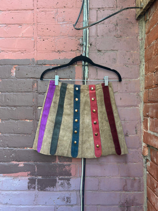 70's Vintage Brown & Rainbow Suede Wrap Mini Skirt / 24 Waist