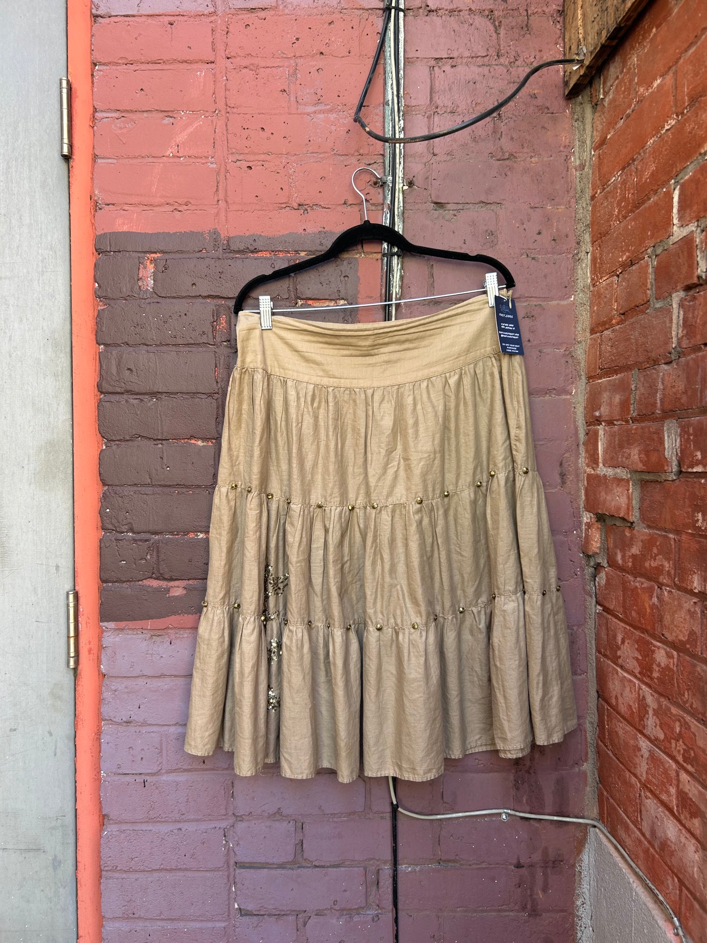 Y2K Vintage Beige Cotton Stud & Sequin Tiered Midi Skirt / 34 Waist