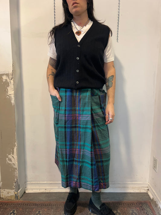 90’s Vintage Teal Plaid Midi Skirt / 29 Waist