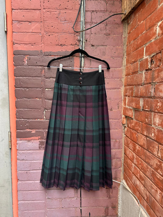 90's Vintage Purple & Green Pleated Wool Maxi Skirt / 26 Waist
