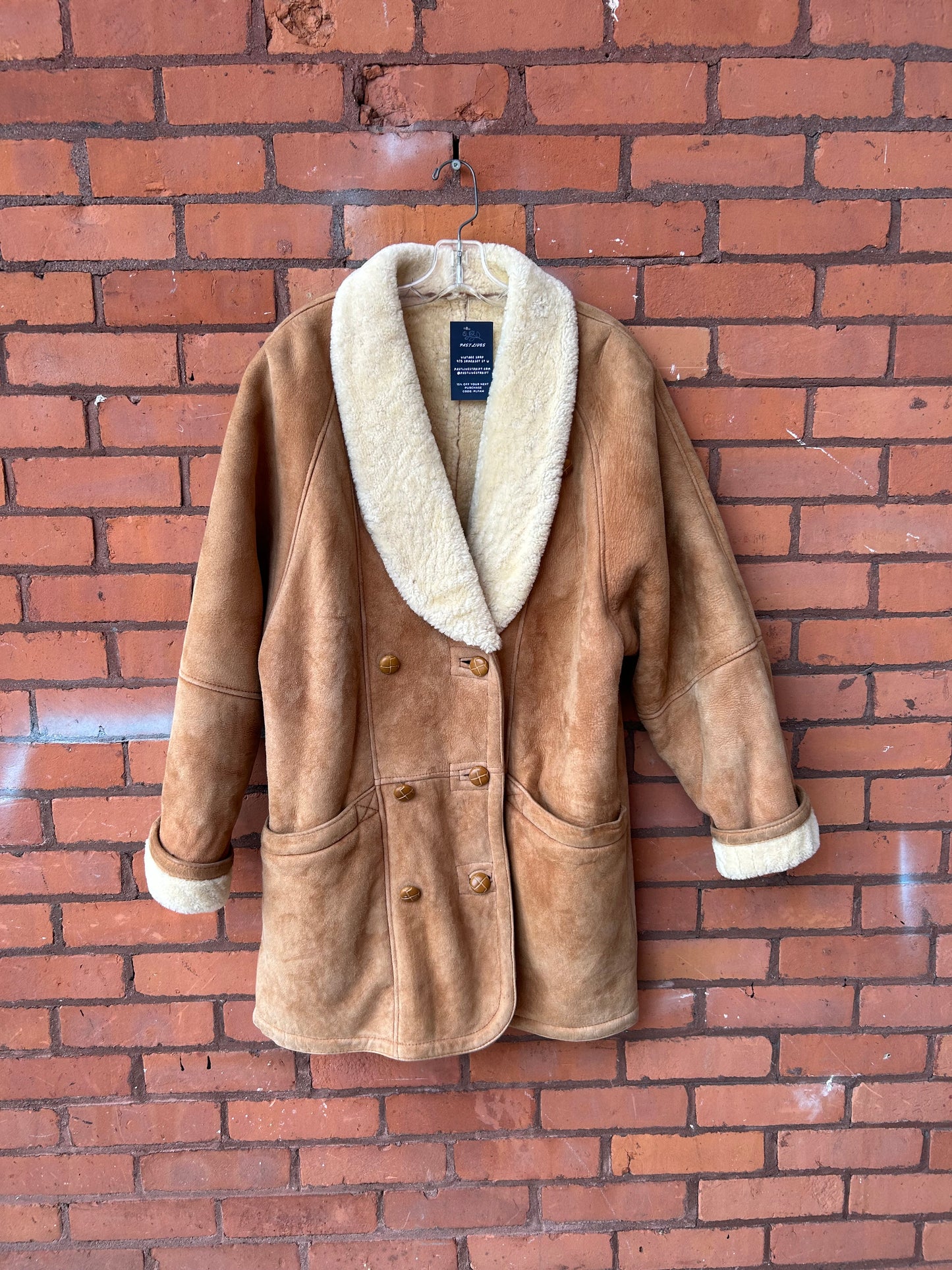 80’s Vintage Double Breasted Beige Sheepskin Coat / Size M