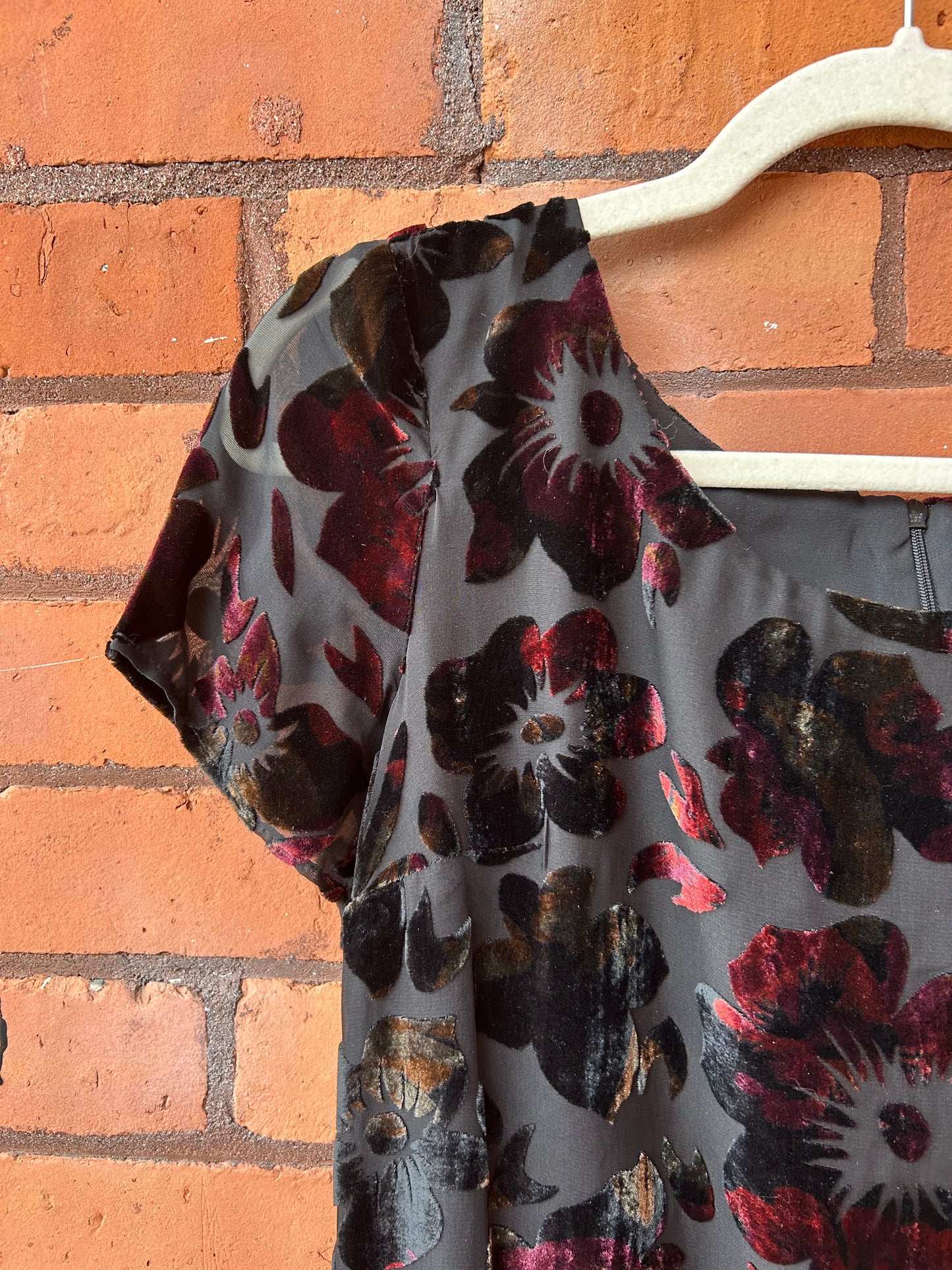 90’s Vintage Black & Burgundy Floral Velvet Burn Out Mini Dress / Size 8-10