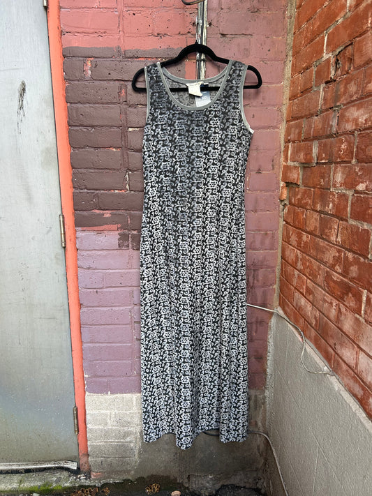 90's Vintage Silver Floral Velvet Burn Out Dress / Size 6