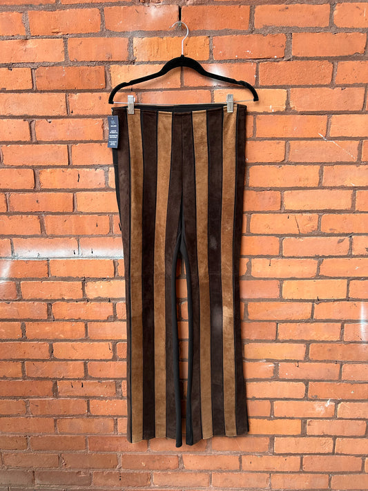 90’s Vintage Brown Suede Striped Flare Pants / 30 Waist