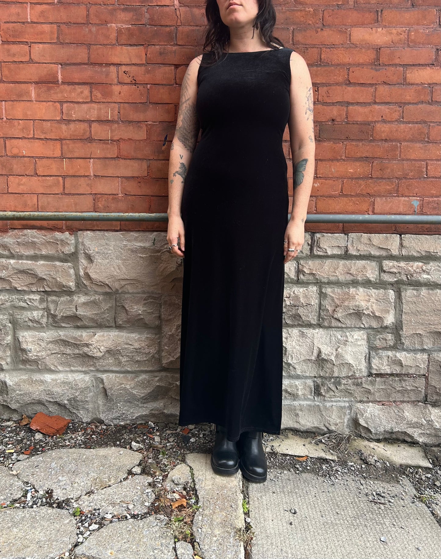 90’s Vintage Black Velvet High Neck Maxi Dress / Size 4-6