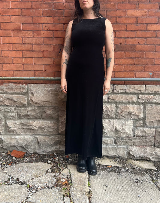 90’s Vintage Black Velvet High Neck Maxi Dress / Size 4-6