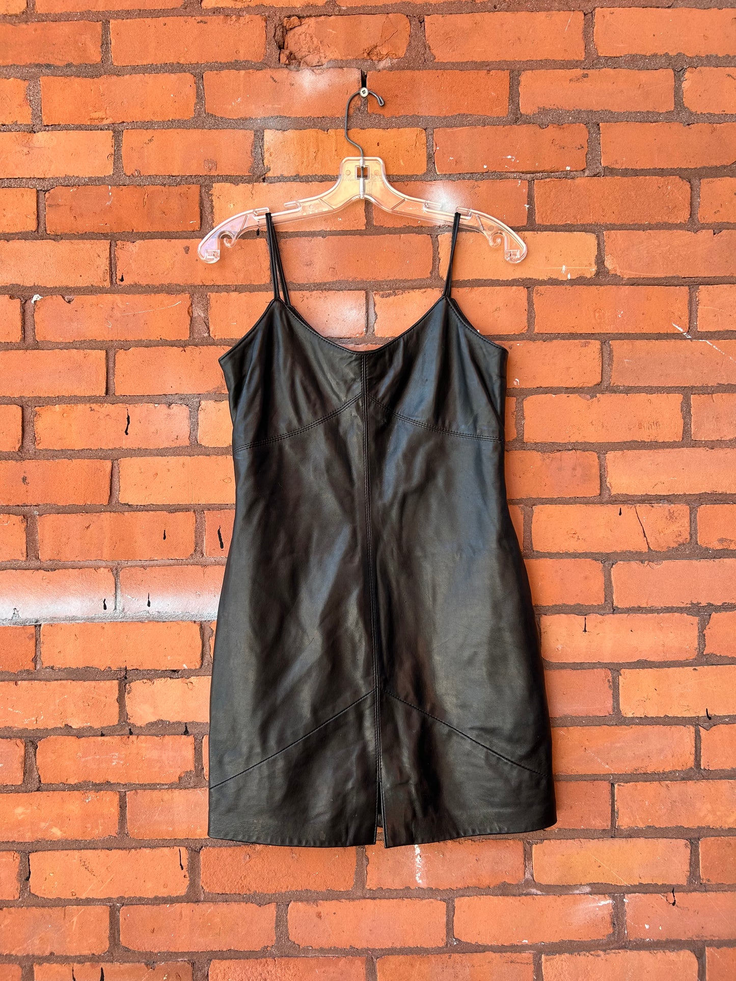 90’s Vintage Black Leather Mini Dress / Size 8