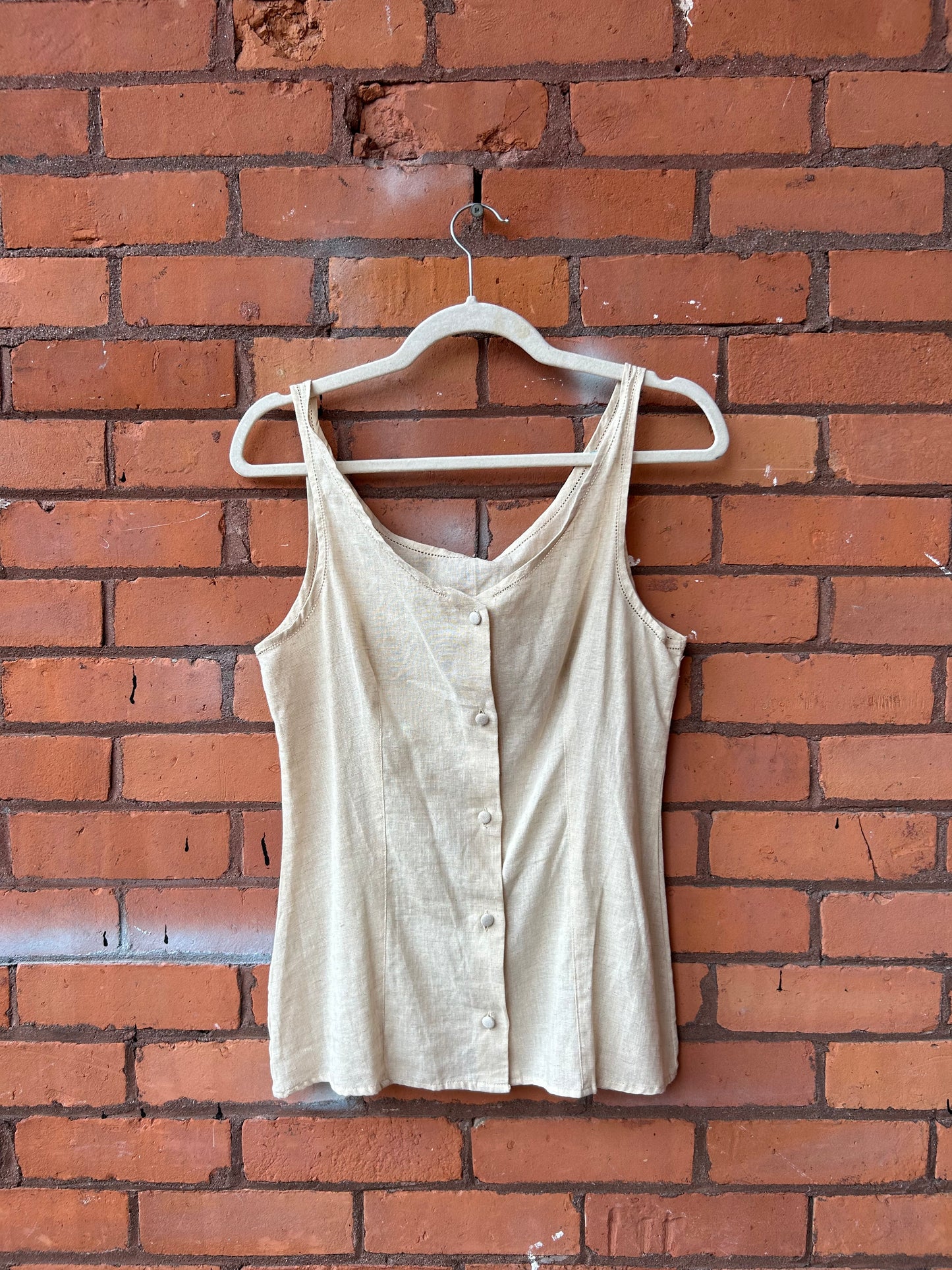 90’s Vintage Beige Linen Blend Button Down Tank Top / Size M