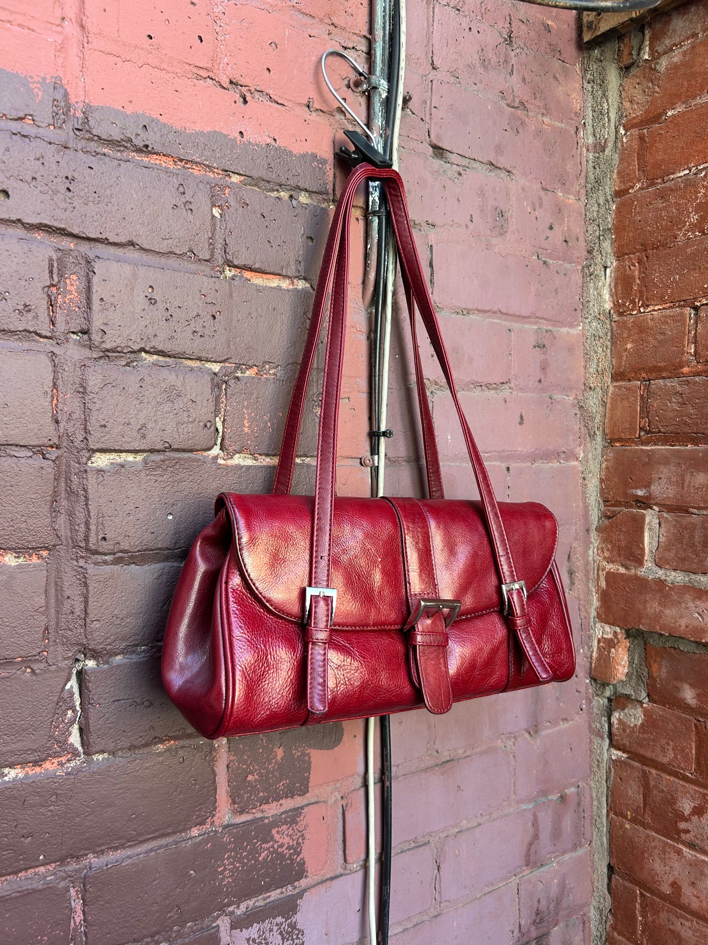 90’s Vintage Faux Red Leather Buckle Shoulder Purse