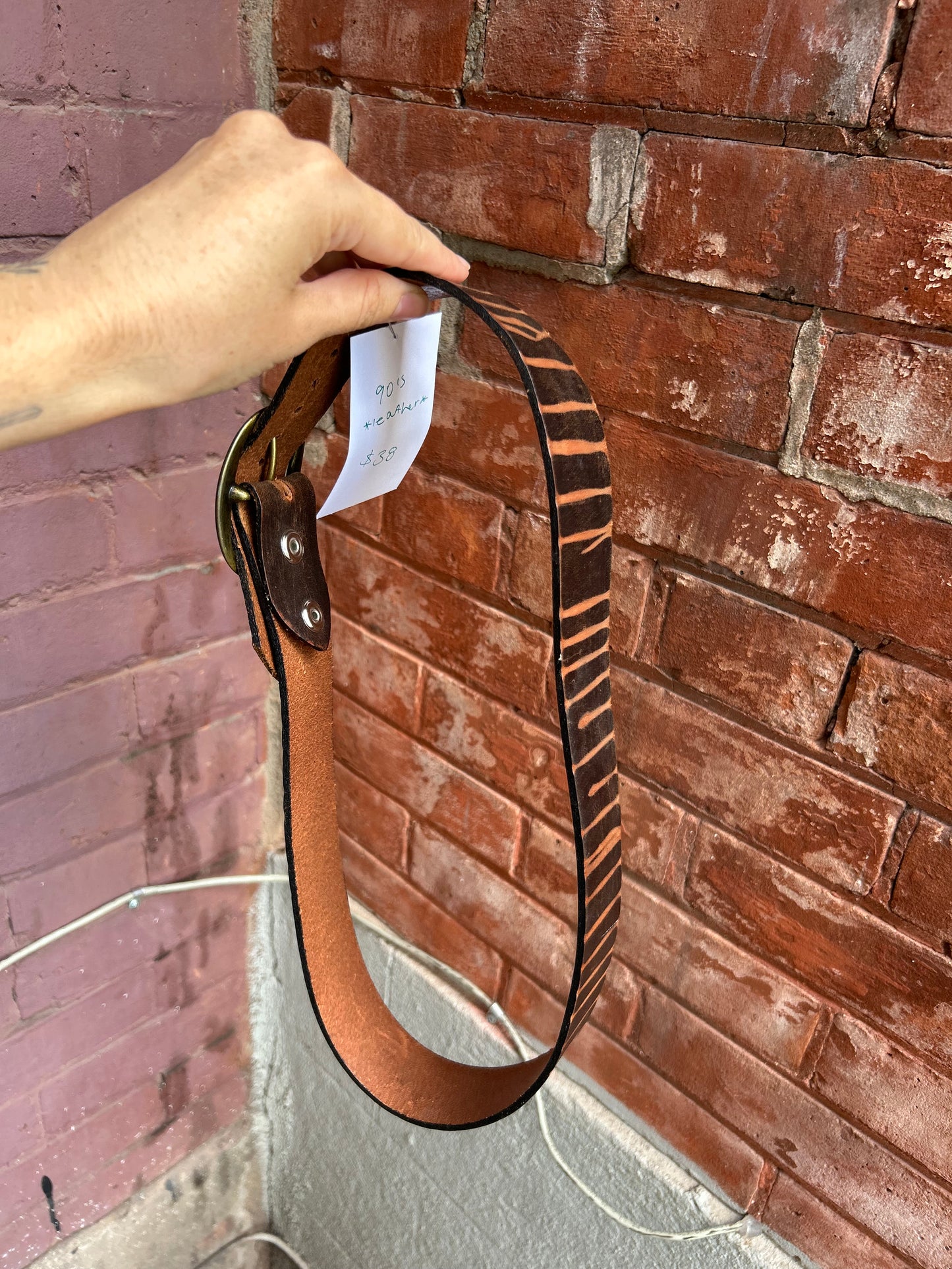 90's Vintage Brown Animal Print Leather Belt / Size S-M