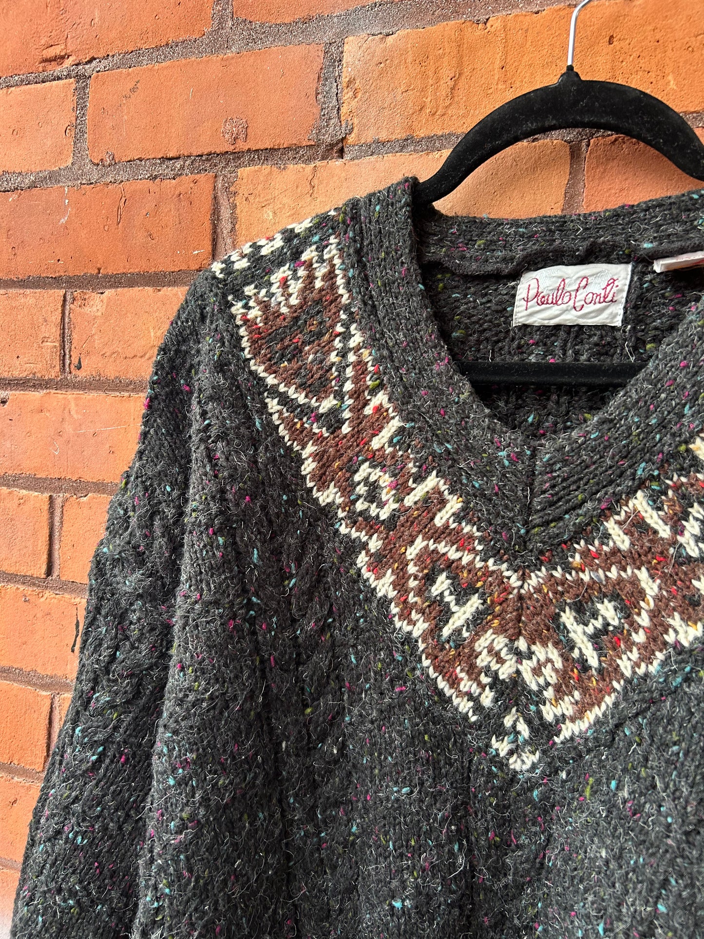 90’s Vintage Grey Fair Isle V-Neck Chunky Knit Sweater / Size XL