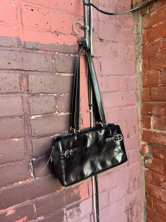 Y2K Vintage Faux Black Leather Double Buckle Shoulder Purse