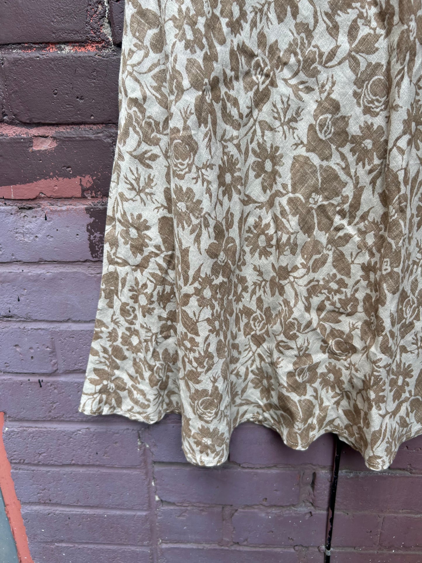 Y2K Vintage Beige & Brown Floral Linen Midi Skirt / 30-34 Waist