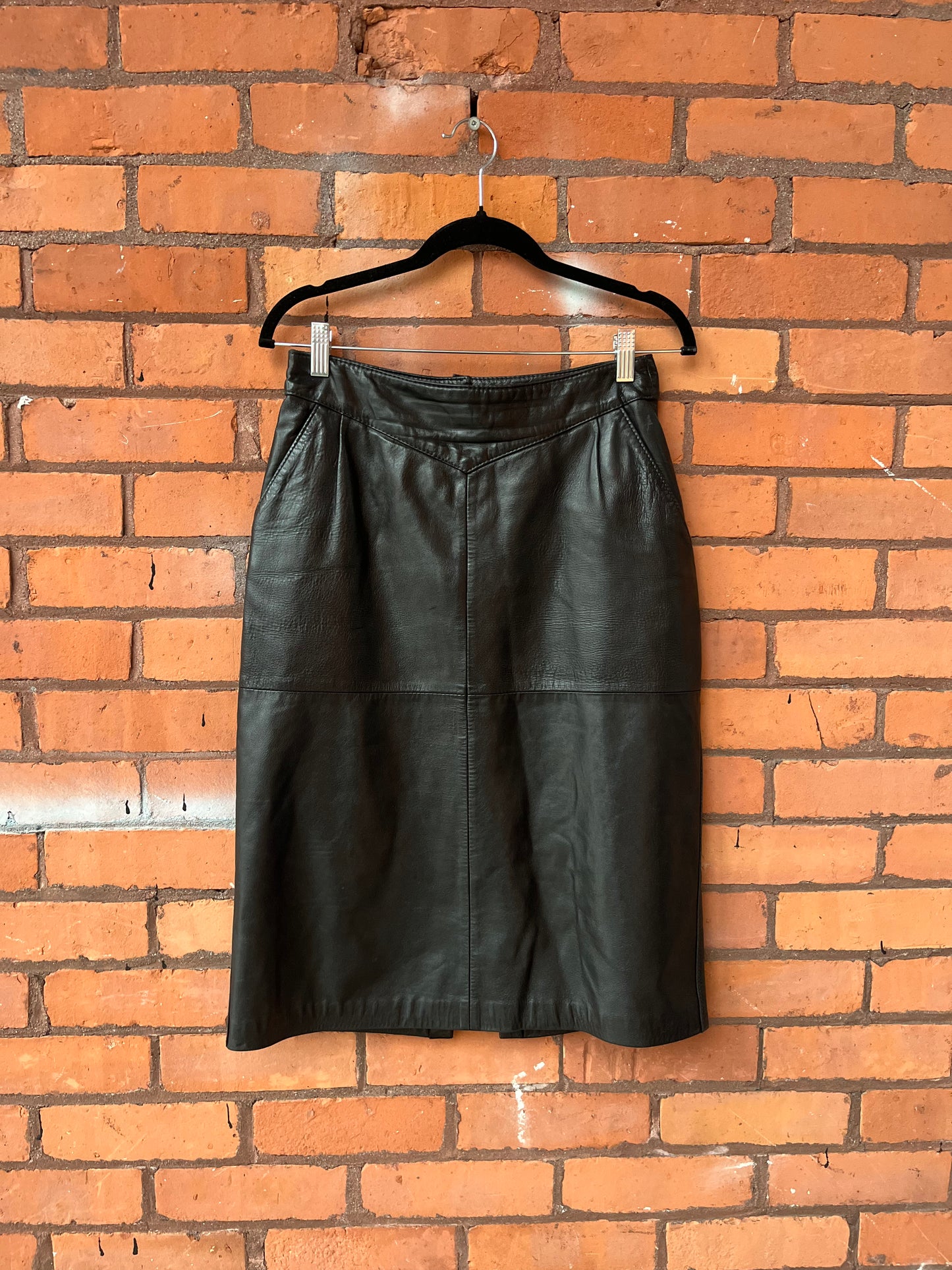 90’s Vintage Black Leather Midi Skirt / 28 Waist