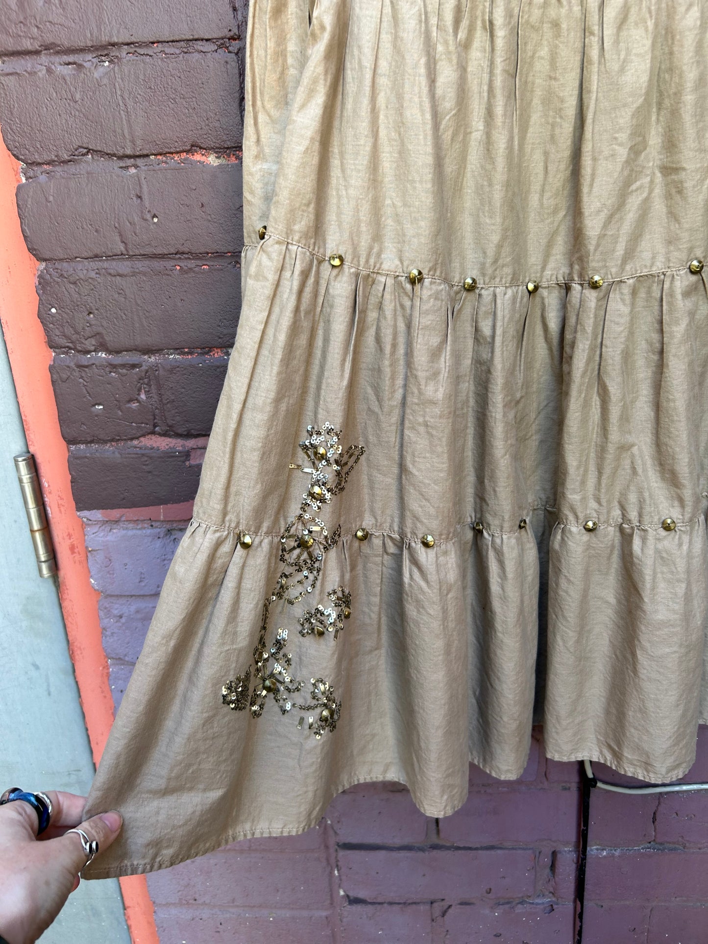 Y2K Vintage Beige Cotton Stud & Sequin Tiered Midi Skirt / 34 Waist