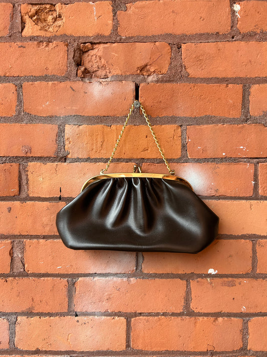 80’s Vintage Brown Leather Clamshell Purse