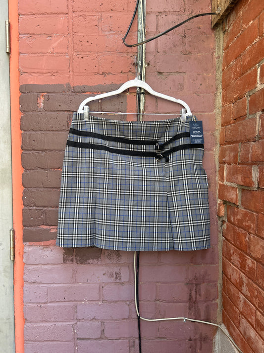 90's Vintage Blue & Grey Plaid Buckle Mini Skirt / 38 Waist