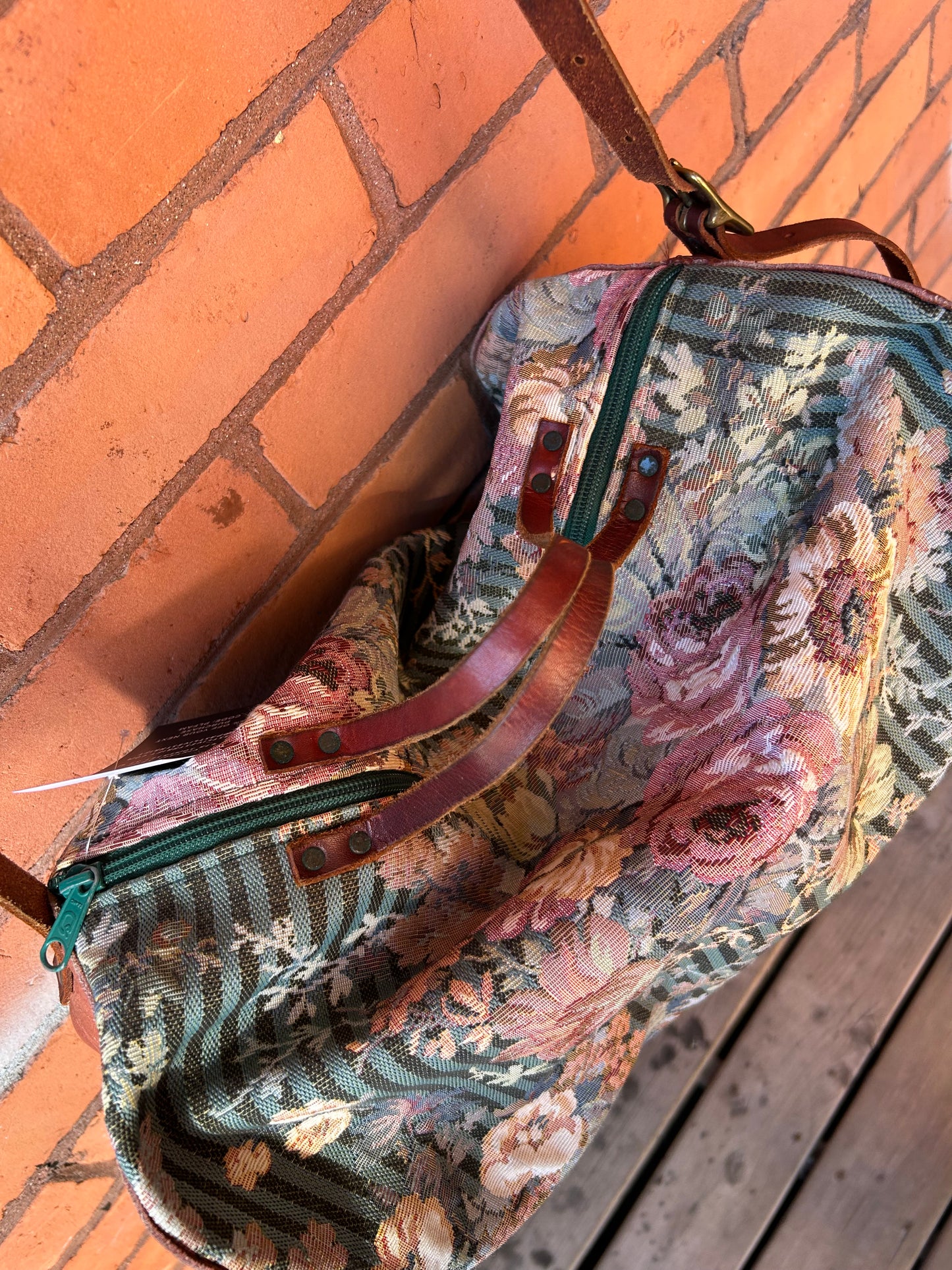 90’s Vintage Floral Tapestry & Brown Leather Duffle Bag