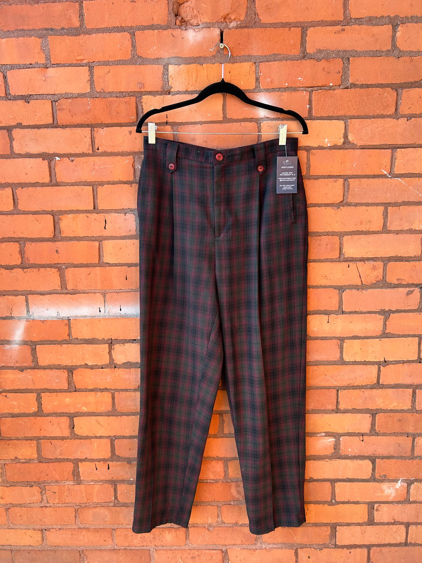 90’s Vintage Burgundy & Green Plaid High Waist Pleated Trousers / 32 Waist